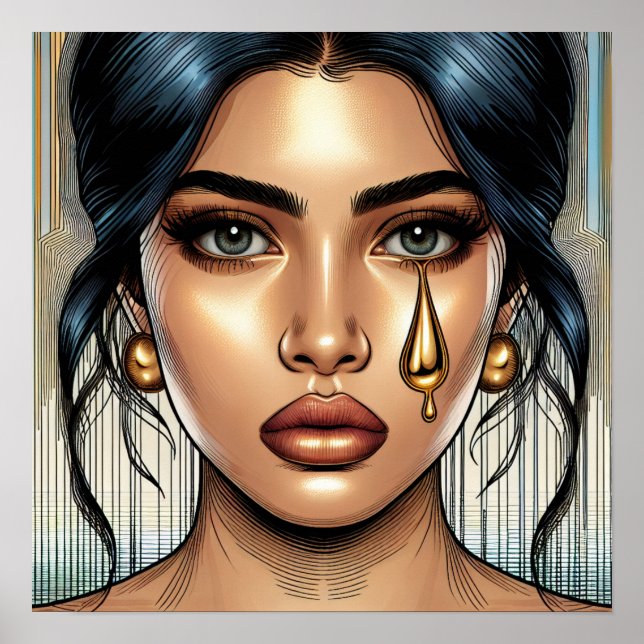 Poster Mulher Triste e Bonita com Lágrima de Ouro (Frente)