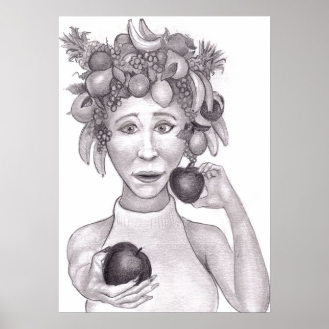 Poster Mulher Usando um Chapéu Feito de Frutas Oferecendo (Frente)