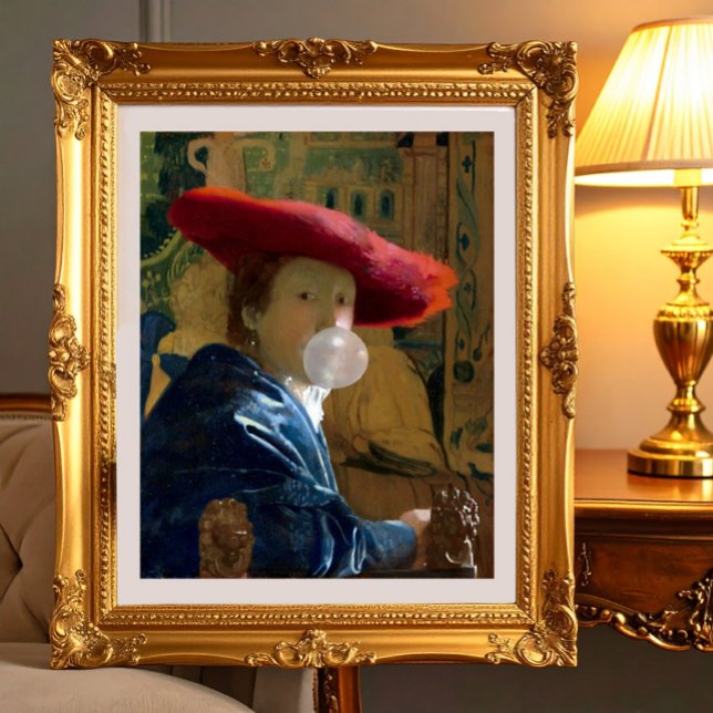 Póster Mulher vestindo chapéu vermelho soprando chiclete (Criador carregado)