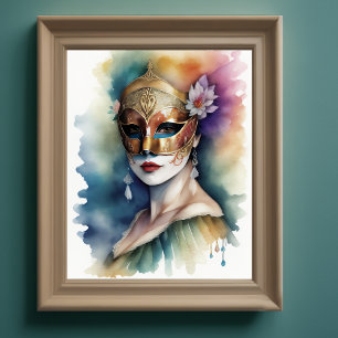 Poster Mulher Vestindo pintura em aquarela de máscara ven