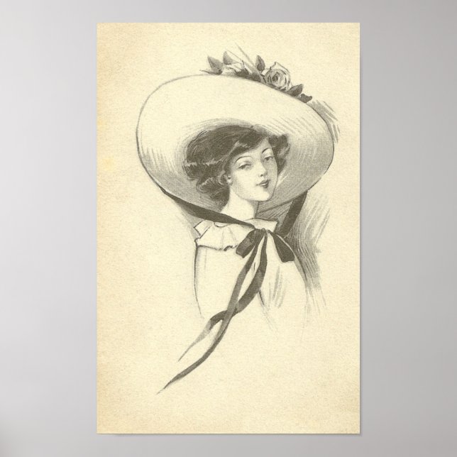 Póster Mulher Vintage com chapéu (Frente)
