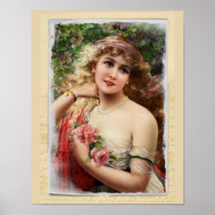 Poster Mulher Vitoriana com Rosas Rosadas Romântica