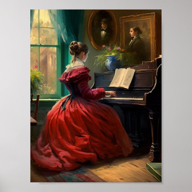Poster Mulher vitoriana tocando piano, pintura a óleo (Frente)
