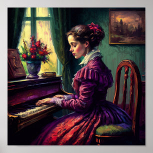 Poster Mulher vitoriana tocando piano, pintura a óleo