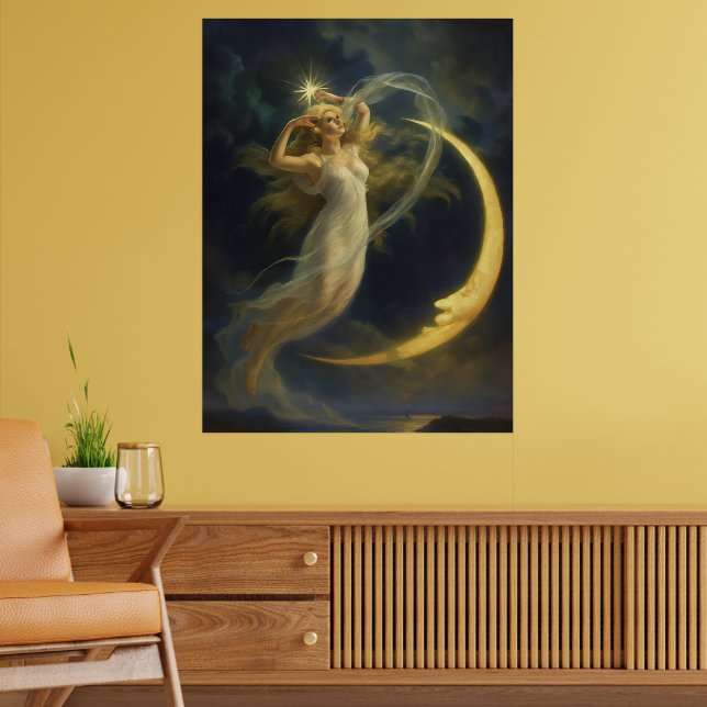 Poster Mulher Voando por uma Face de Lua Crescente (Sala de Estar 2)
