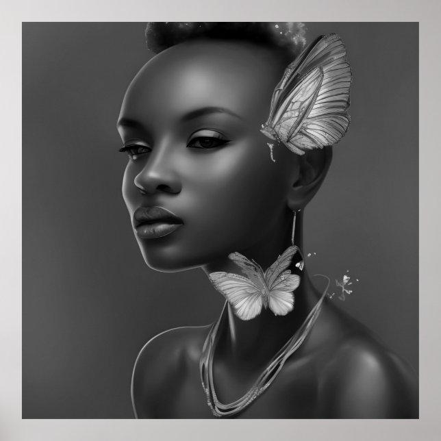 Poster Mulheres africanas preto e branco borboleta fantas (Frente)