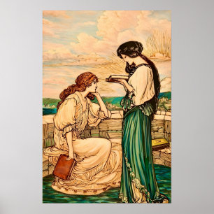 Poster Mulheres Art Nouveau Vintage Lendo à Beira-Mar 
