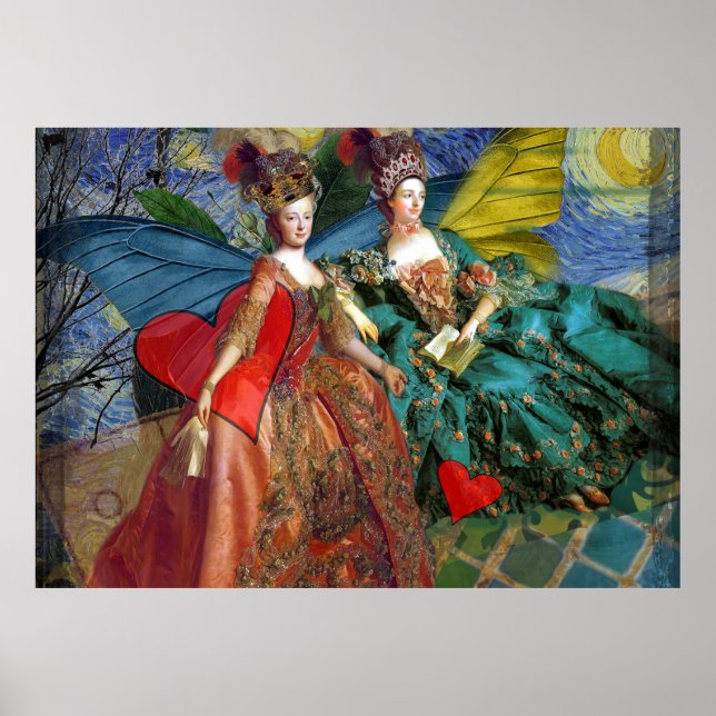 Póster Mulheres Borboleta Caprichosas Gêmeos Azul Colagem (Frente)