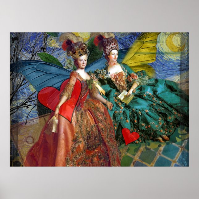 Póster Mulheres Borboleta Caprichosas Gêmeos Colagem Azul (Frente)