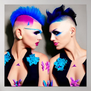 Poster Mulheres com Mohawks Pretos, Rosa e Azuis