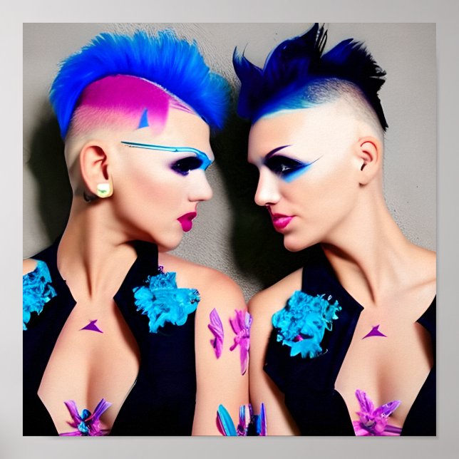 Poster Mulheres com Mohawks Pretos, Rosa e Azuis (Frente)