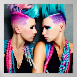 Poster Mulheres com Mohawks Rosa e Azul