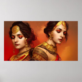 Poster Mulheres indianas asiáticas 2 ouro vermelho colori