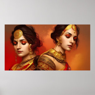 Poster Mulheres indianas asiáticas 2 ouro vermelho colori