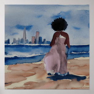 POSTER MULHERES NEGRAS EM PRAIA COM SÃO FRANCISCO SKYLINE