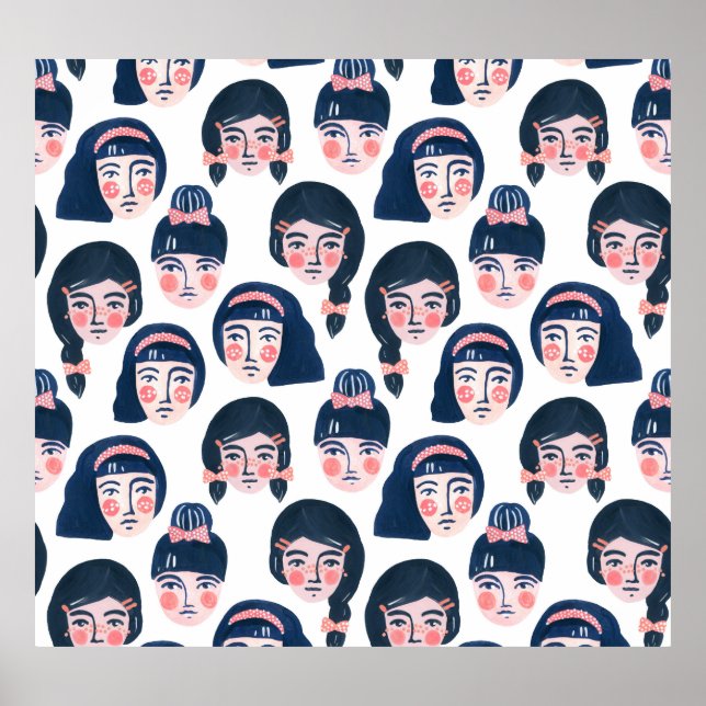 Poster Mulheres Whimsical: Cartoon Face Art (Frente)