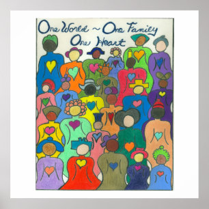 Poster Multicultural Um Mundo, Uma Família, Coraçã