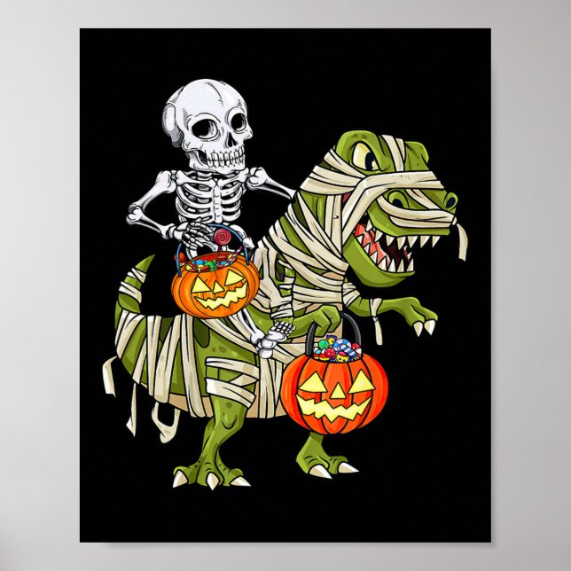Poster Múmia de Esqueleto Montando Dinossauro T Rex Hallo (Frente)