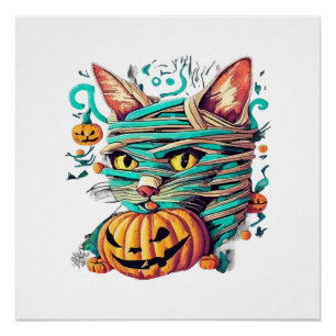 Póster Múmia Divertida de Gato no Halloween