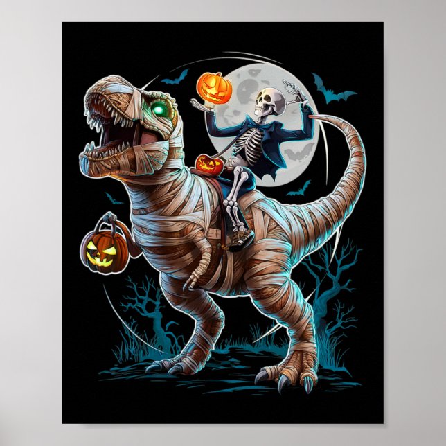Poster Múmia Montada em Abóbora T Rex Dinossauro Divertid (Frente)
