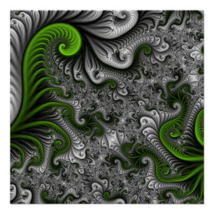Póster Mundo Fantasia Verde e Cinza Arte Fractal Abstrata
