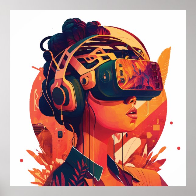 Poster Mundos virtuais: mulher vestindo fone VR (Frente)
