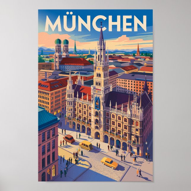 Poster Munich Germany Illustration Travel Art Vintage (Frente)