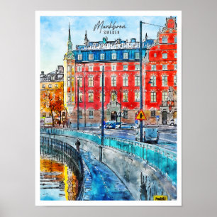 Poster Munkbron Suécia aquarela de viagem vintage