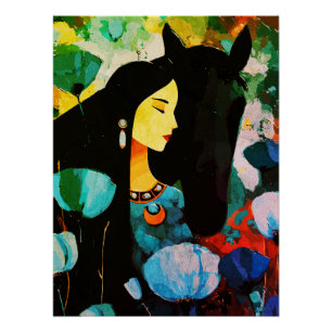 Póster Mural da Mulher e do Cavalo Turquesa
