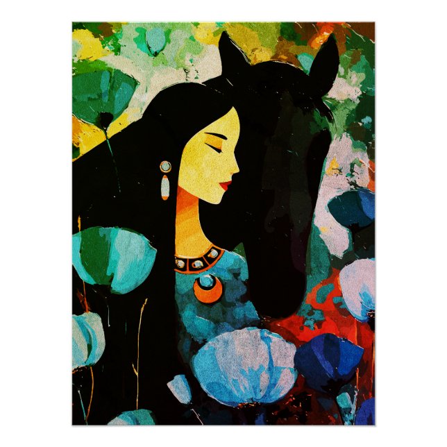 Póster Mural da Mulher e do Cavalo Turquesa (Frente)