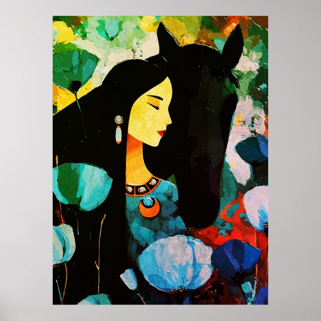 Poster Mural da Mulher e do Cavalo Turquesa (Frente)
