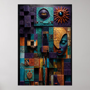 Poster Mural Mosaico Escultural Oráculo - 3D Roxo Azulado