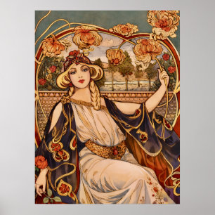 Poster Musa do Crisântemo Dourado – Floral Art Nouveau