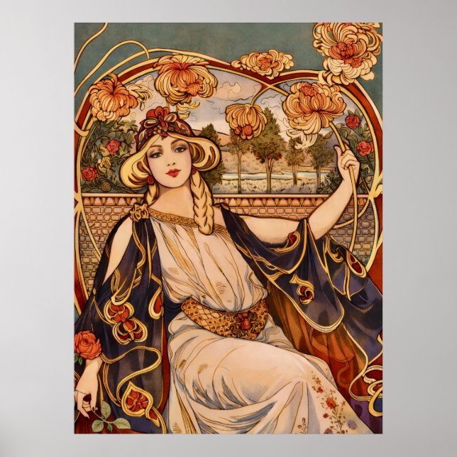 Poster Musa do Crisântemo Dourado – Floral Art Nouveau (Frente)
