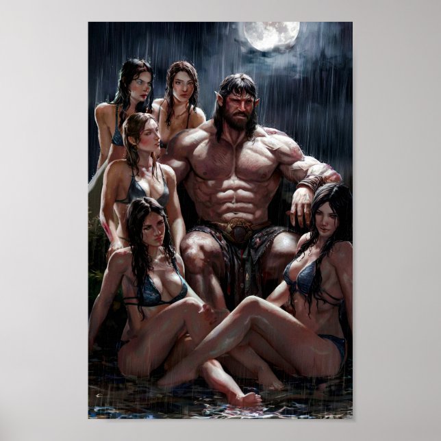 Poster Muscular Barbarian Surrounded by Sexy Women (Frente)