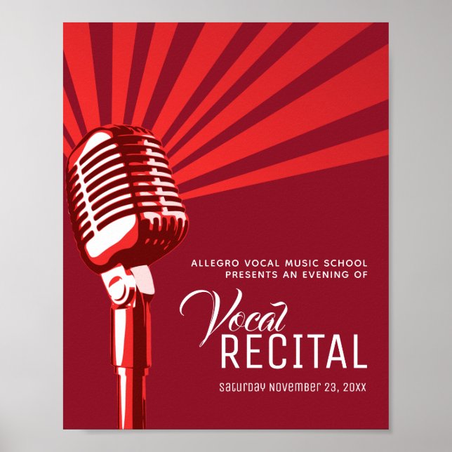 Poster Música clássica de microfone de recital vocal verm (Frente)