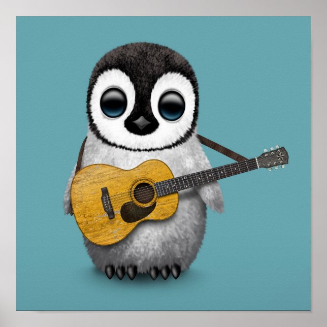 Poster Musical Baby Penguin Tocando Violão Azul (Frente)