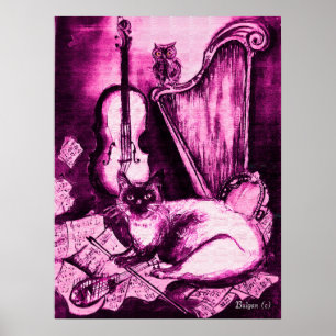 Póster MUSICAL CAT, PInk Violet e Branco
