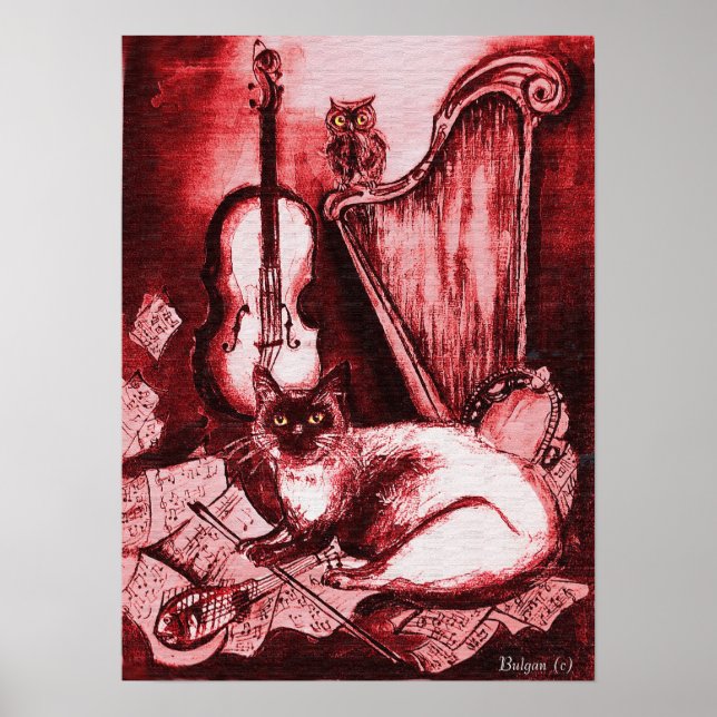 Póster MUSICAL CAT, Vermelho e Branco (Frente)