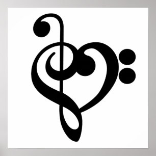 Poster Musical Music Heart - Treble Bass Clef