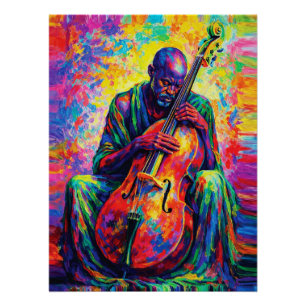 Póster Músico Violoncelista Abstrato Vibrante Cores Arco-