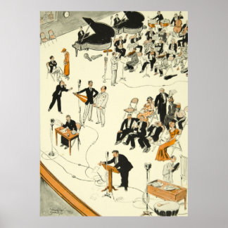 Póster Músicos do Programa de Rádio Vintage Cartoon Engra