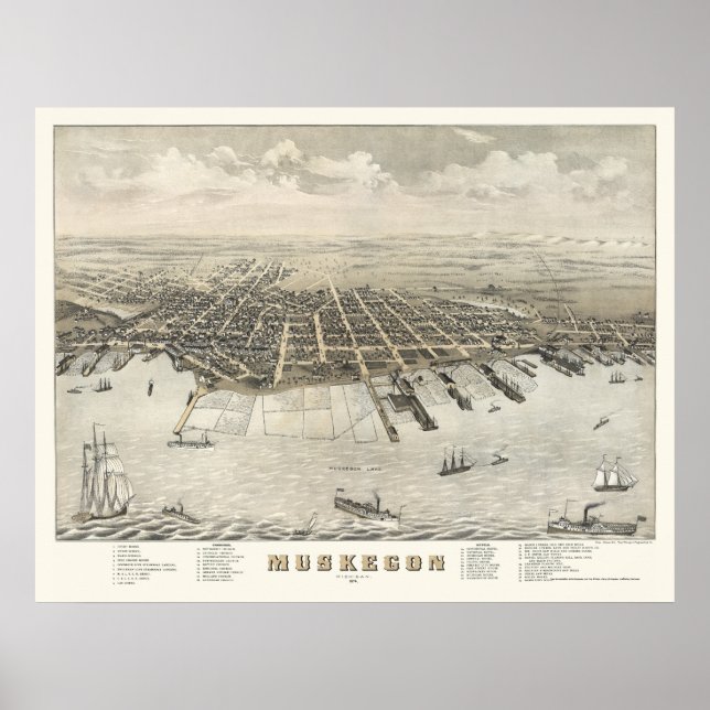 Póster Muskegon, MI Mapa Panorâmico -1874 (Frente)