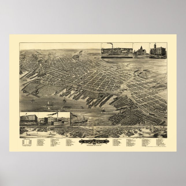 Póster Muskegon, MI Mapa Panorâmico - 1889 (Frente)