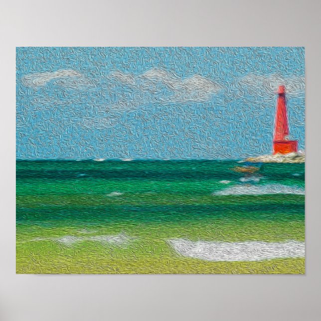 Póster Muskegon, Michigan Beach & lighthouse (tinta a óle (Frente)