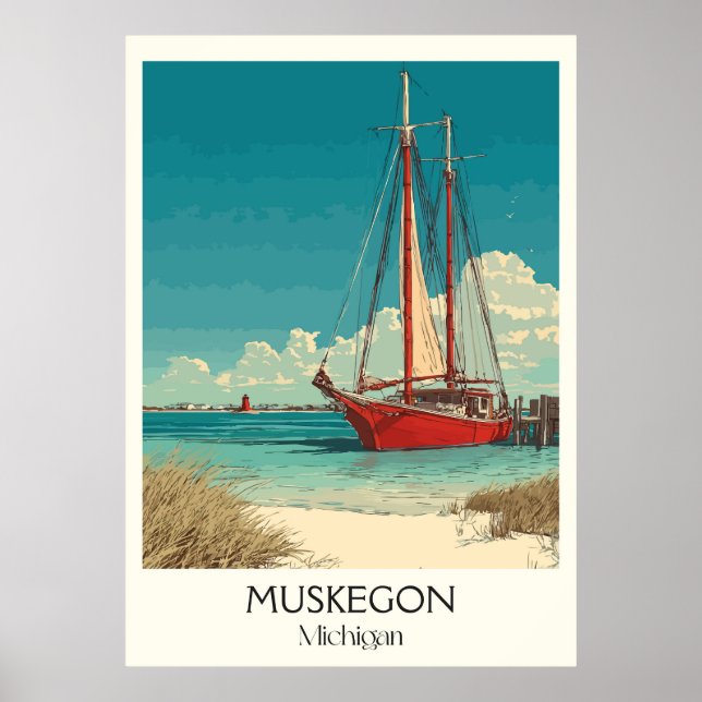 Poster Muskegon Michigan Vintage Lakefront Sail Art (Frente)