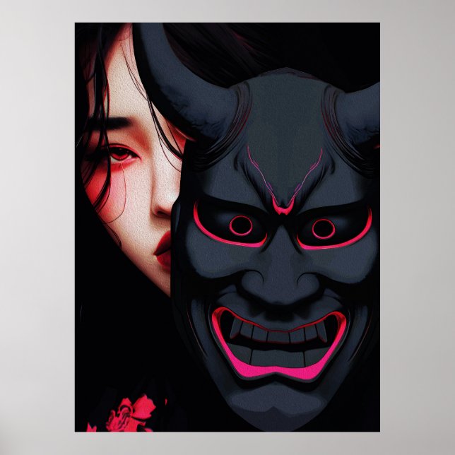 Poster Mysterious Girl with Oni Mask Dark Japanese Horror (Frente)