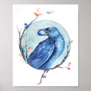 Poster Mystic black Raven hand-drawn watercolor
