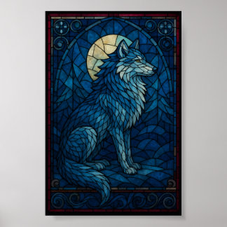 Poster Mystic Blue Wolf – Stained Glass Style Wall Art