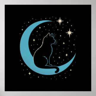 Poster Mystic Cat on Blue Moon Night Sky